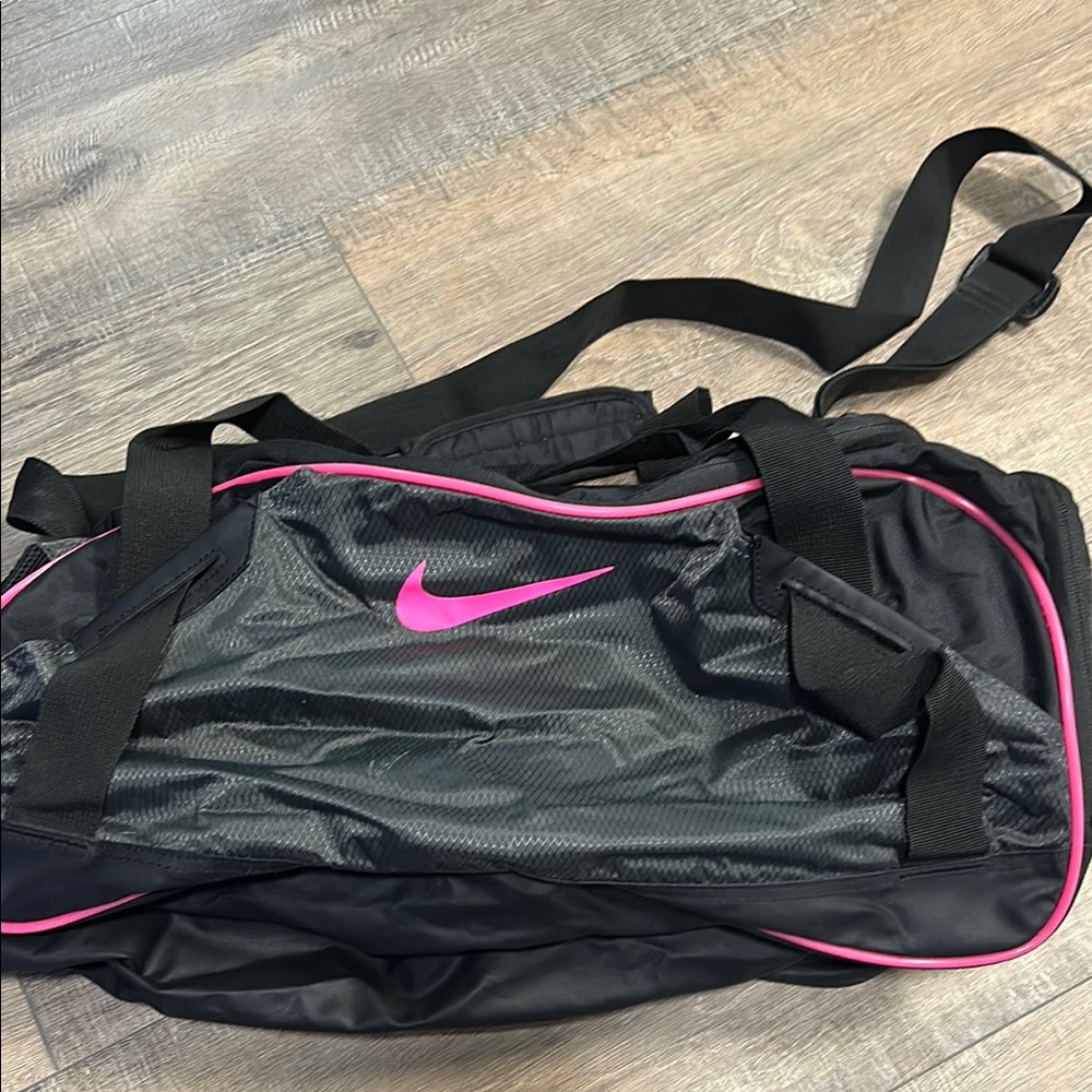 Nike Black and Pink Travel Duffel Bag with Adjustable Strap